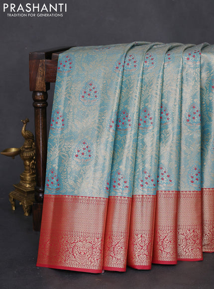Bangalori tissue silk saree light blue and maroon with zari woven brocade weaves and zari woven border