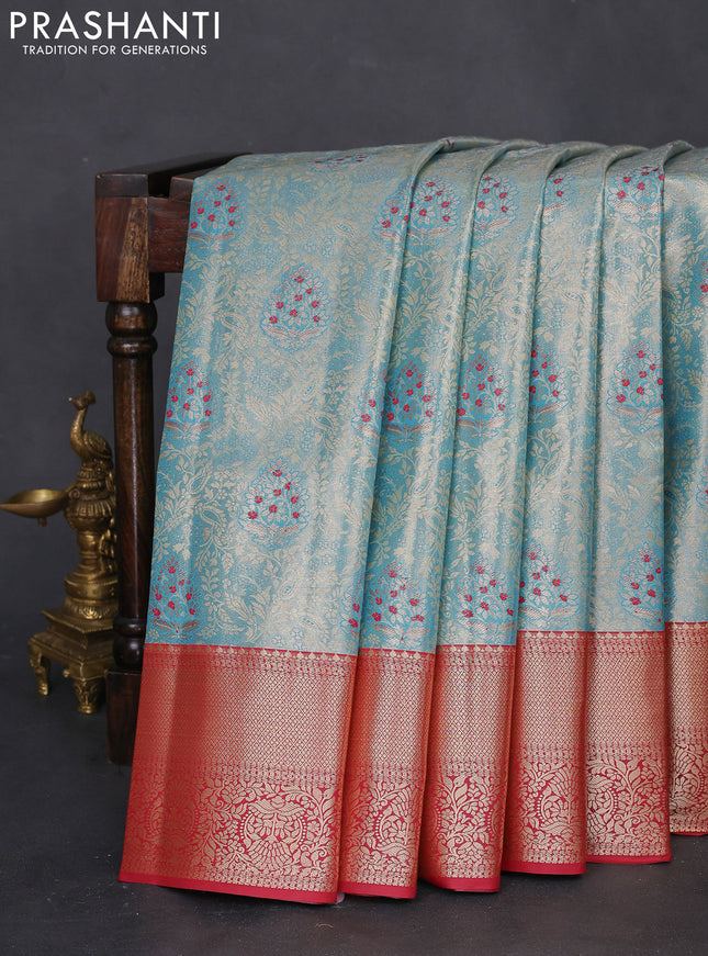 Bangalori tissue silk saree light blue and maroon with zari woven brocade weaves and zari woven border