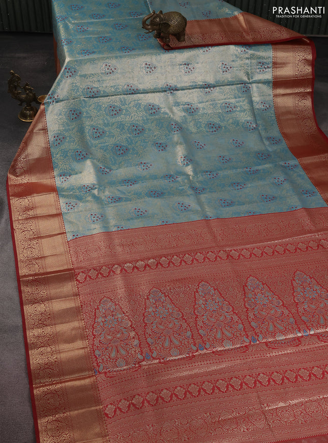 Bangalori tissue silk saree light blue and maroon with zari woven brocade weaves and zari woven border