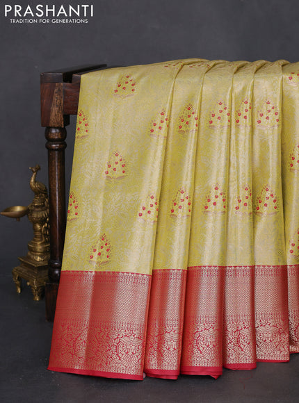 Bangalori tissue silk saree lime yellow and maroon with zari woven brocade weaves and zari woven border