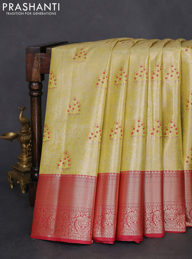 Bangalori tissue silk saree lime yellow and maroon with zari woven brocade weaves and zari woven border