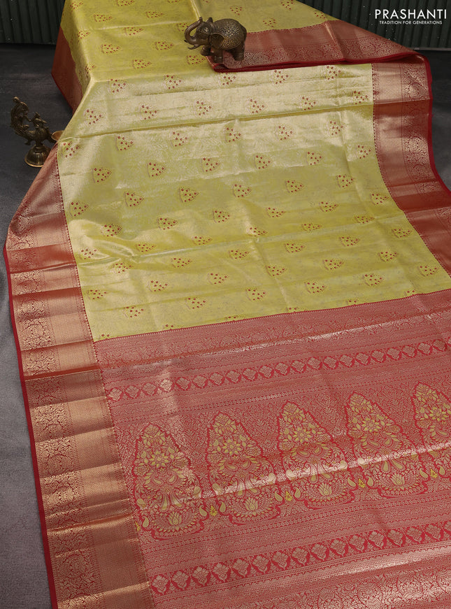 Bangalori tissue silk saree lime yellow and maroon with zari woven brocade weaves and zari woven border
