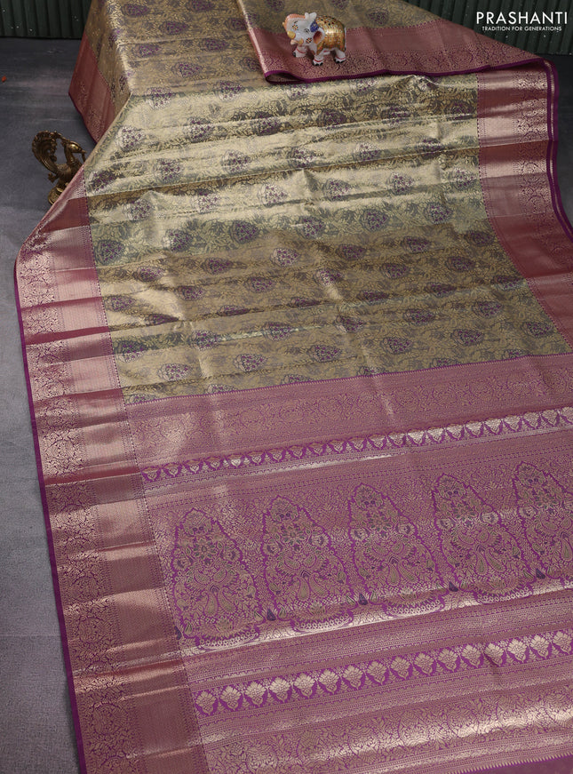 Bangalori tissue silk saree dula shade of navy blue and purple with zari woven brocade weaves and zari woven border