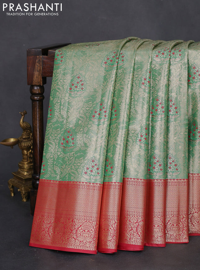 Bangalori tissue silk saree teal green and maroon with zari woven brocade weaves and zari woven border