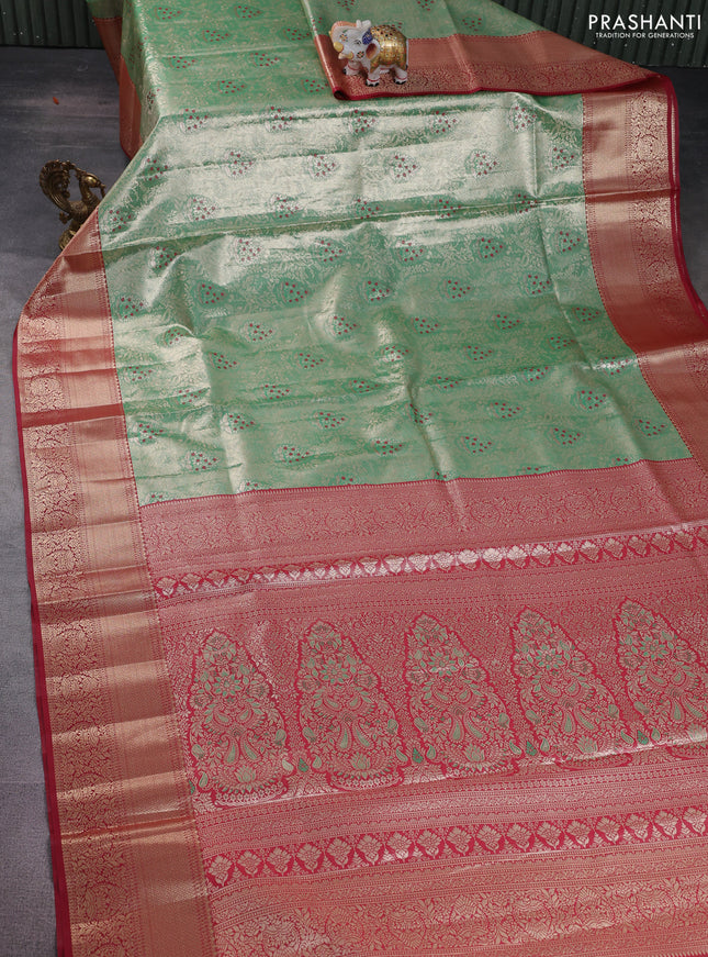 Bangalori tissue silk saree teal green and maroon with zari woven brocade weaves and zari woven border