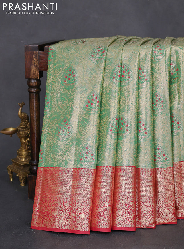 Bangalori tissue silk saree teal green and maroon with zari woven brocade weaves and zari woven border