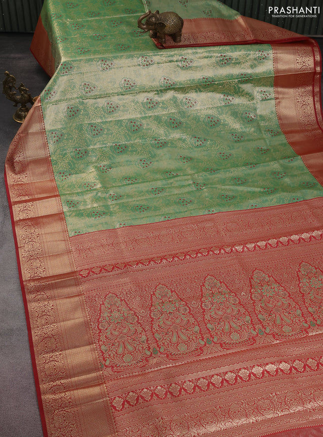 Bangalori tissue silk saree teal green and maroon with zari woven brocade weaves and zari woven border