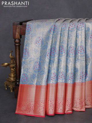 Bangalori tissue silk saree pastel blue and maroon with zari woven brocade weaves and zari woven border