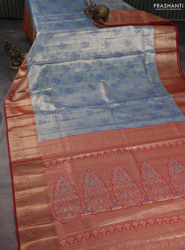 Bangalori tissue silk saree pastel blue and maroon with zari woven brocade weaves and zari woven border