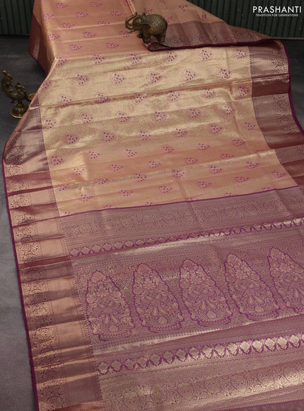 Bangalori tissue silk saree pastel pink and wine shade with zari woven brocade weaves and zari woven border