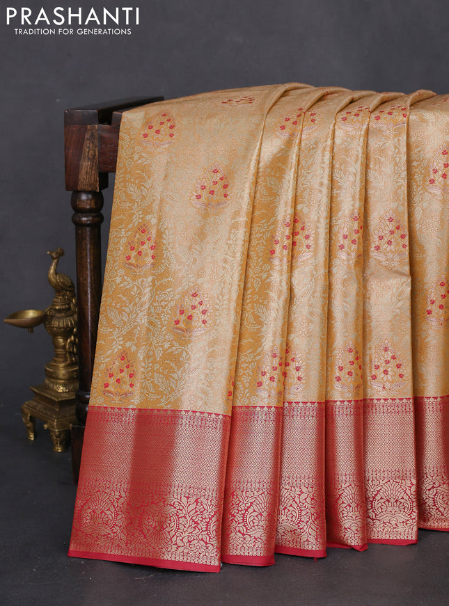 Bangalori tissue silk saree sandal and maroon with zari woven brocade weaves and zari woven border