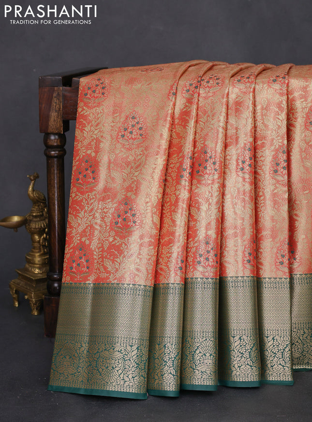 Bangalori tissue silk saree red shade and green with zari woven brocade weaves and zari woven border