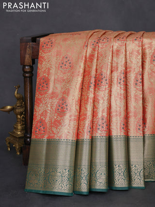 Bangalori tissue silk saree red shade and green with zari woven brocade weaves and zari woven border