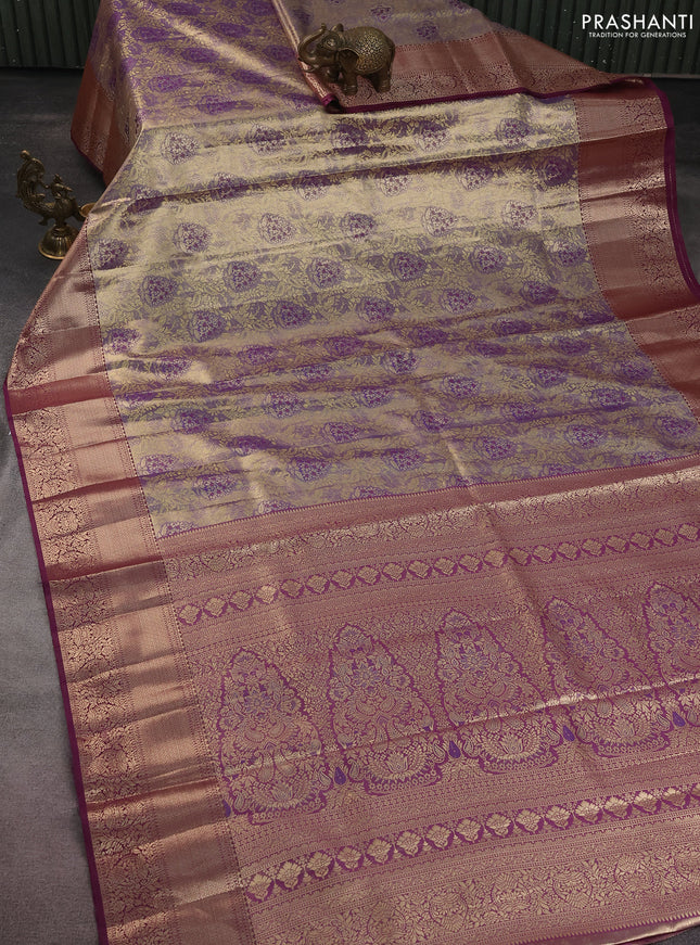 Bangalori tissue silk saree dual shade of violet and wine shade with zari woven brocade weaves and zari woven border