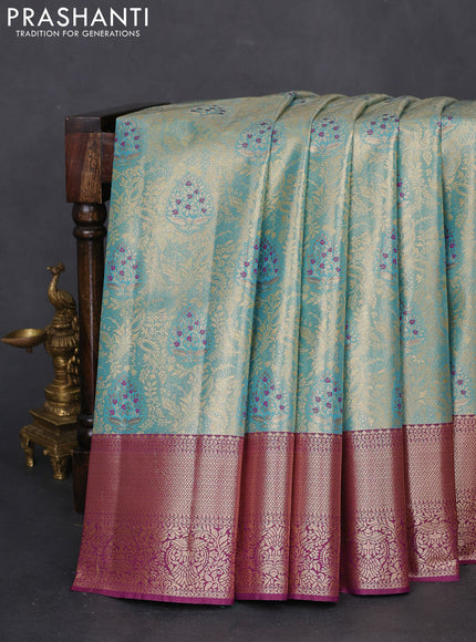 Bangalori tissue silk saree teal blue and wine shade with zari woven brocade weaves and zari woven border