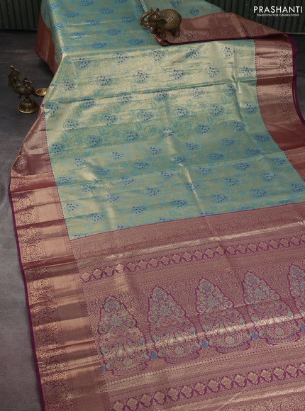 Bangalori tissue silk saree teal blue and wine shade with zari woven brocade weaves and zari woven border