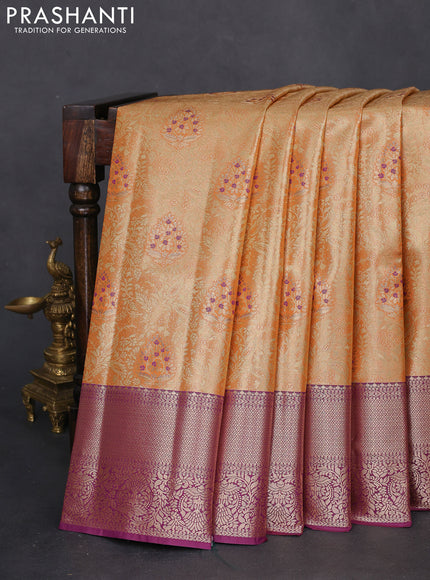 Bangalori tissue silk saree pale orange and wine shade with zari woven brocade weaves and zari woven border