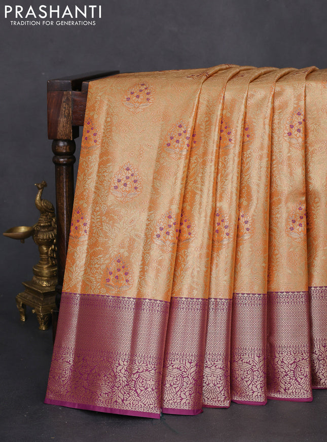 Bangalori tissue silk saree pale orange and wine shade with zari woven brocade weaves and zari woven border
