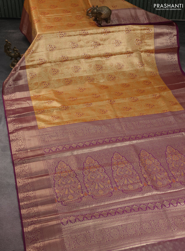 Bangalori tissue silk saree pale orange and wine shade with zari woven brocade weaves and zari woven border