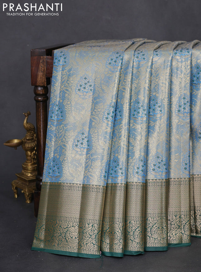 Bangalori tissue silk saree pastel blue and green with zari woven brocade weaves and zari woven border
