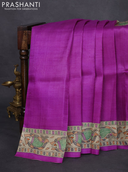 Madhubani printed silk saree purple and cream with allover prints and printed border