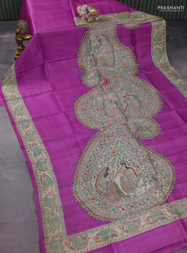 Madhubani printed silk saree purple and cream with allover prints and printed border