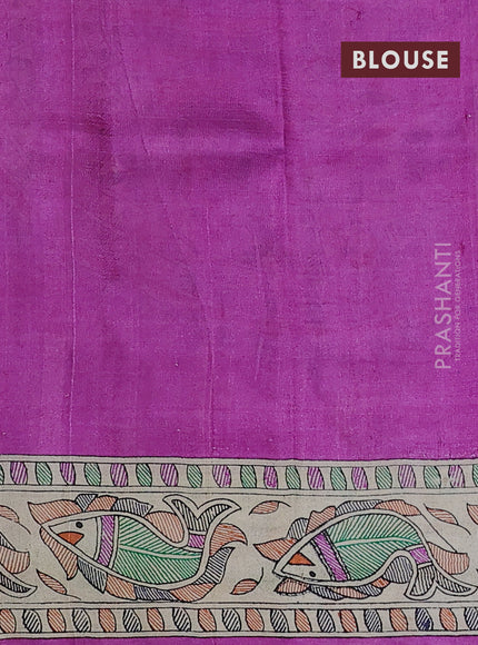 Madhubani printed silk saree purple and cream with allover prints and printed border