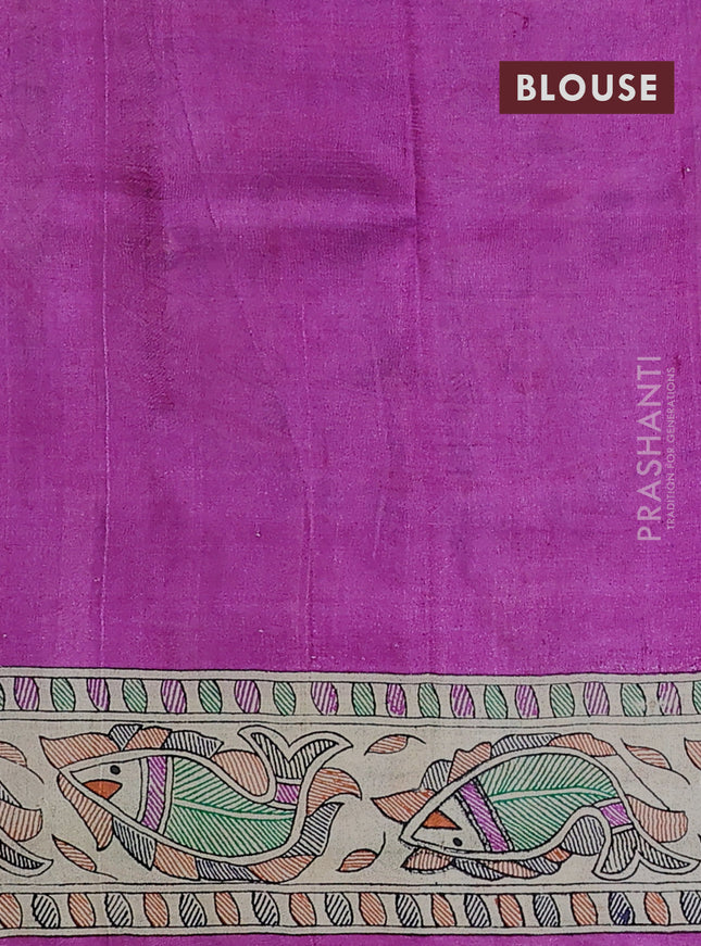 Madhubani printed silk saree purple and cream with allover prints and printed border