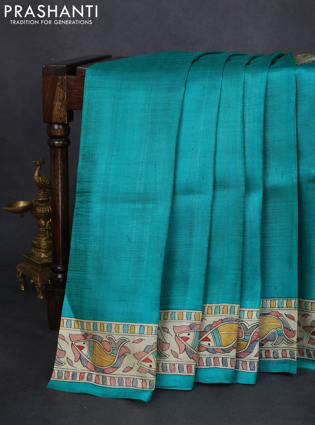 Madhubani printed silk saree teal green and cream with allover prints and printed border