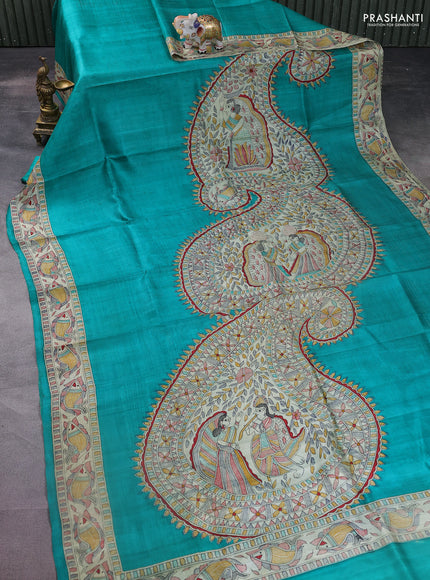 Madhubani printed silk saree teal green and cream with allover prints and printed border