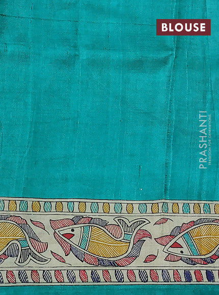 Madhubani printed silk saree teal green and cream with allover prints and printed border
