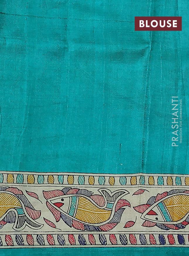 Madhubani printed silk saree teal green and cream with allover prints and printed border