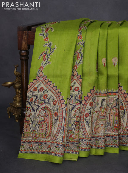 Madhubani printed silk saree light green and cream with butta prints and printed border