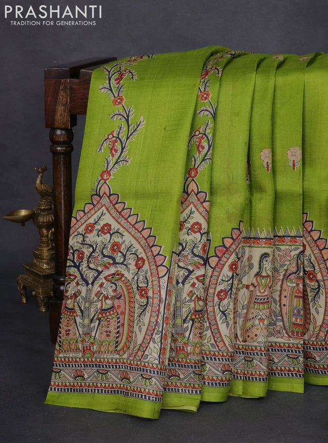 Tussar madhubani printed silk saree light green and cream with butta prints and printed border