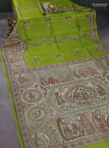 Madhubani printed silk saree light green and cream with butta prints and printed border