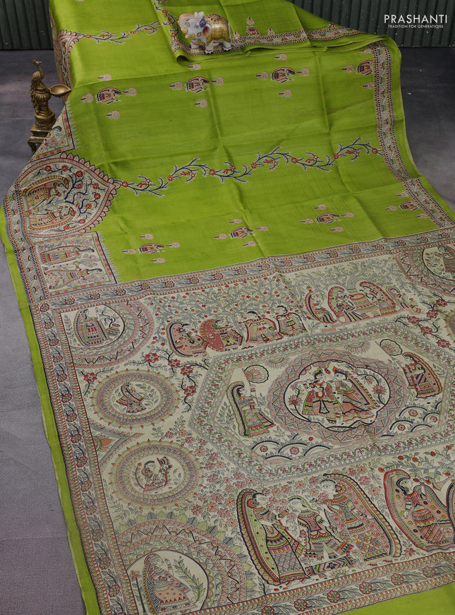 Tussar madhubani printed silk saree light green and cream with butta prints and printed border
