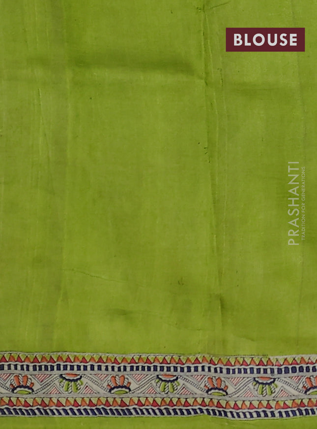 Tussar madhubani printed silk saree light green and cream with butta prints and printed border
