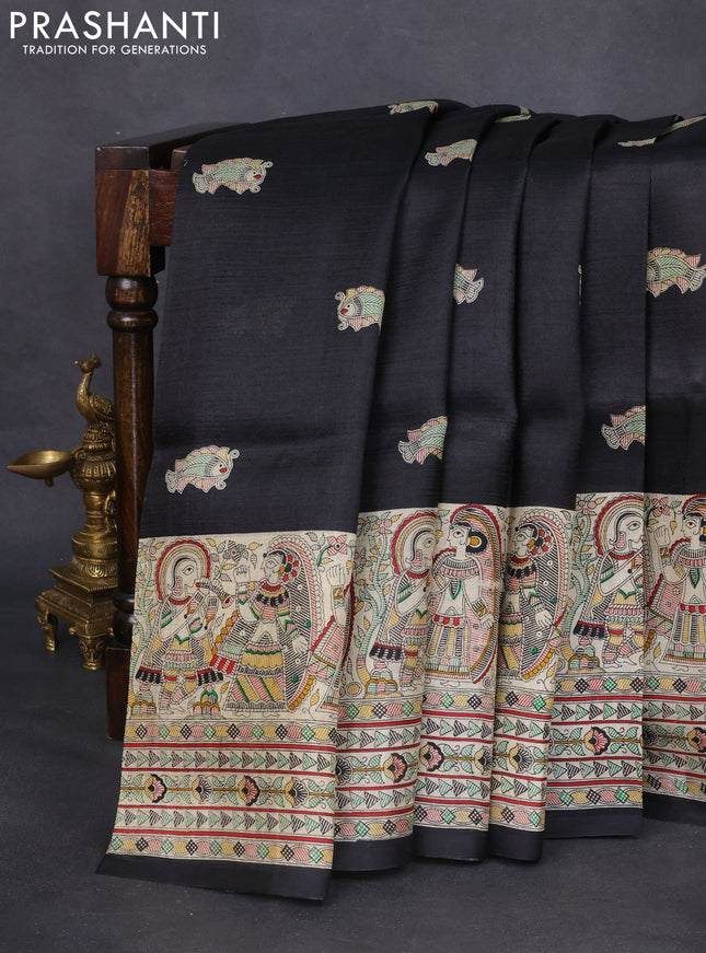 Tussar madhubani printed silk saree black and cream with butta prints and printed border