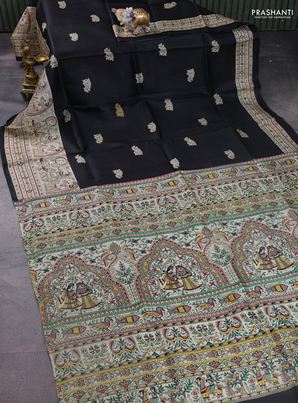 Madhubani printed silk saree black and cream with butta prints and printed border