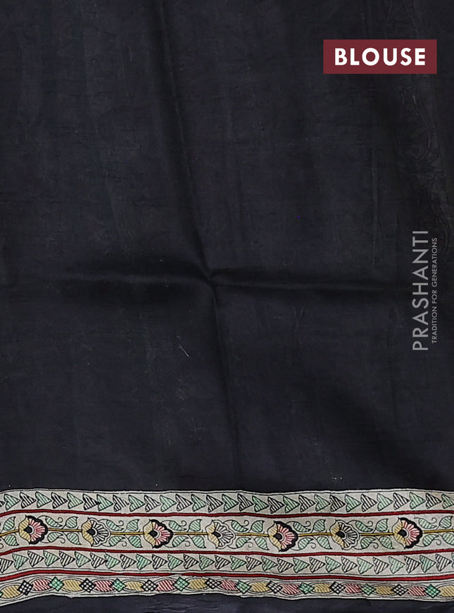 Tussar madhubani printed silk saree black and cream with butta prints and printed border