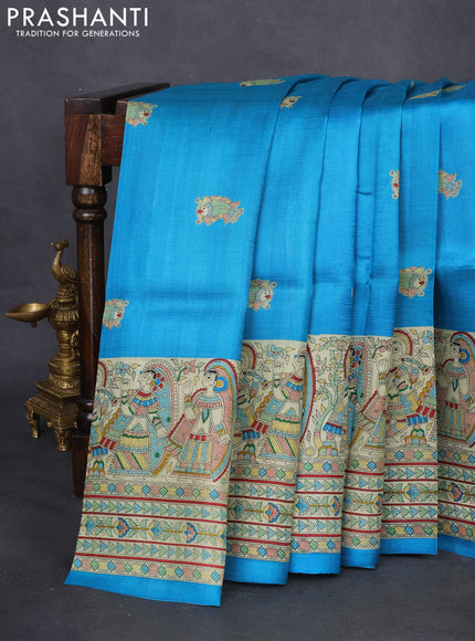 Madhubani printed silk saree cs blue and cream with butta prints and printed border