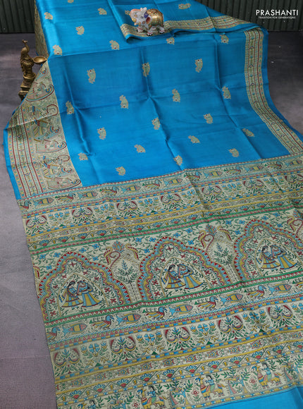 Madhubani printed silk saree cs blue and cream with butta prints and printed border