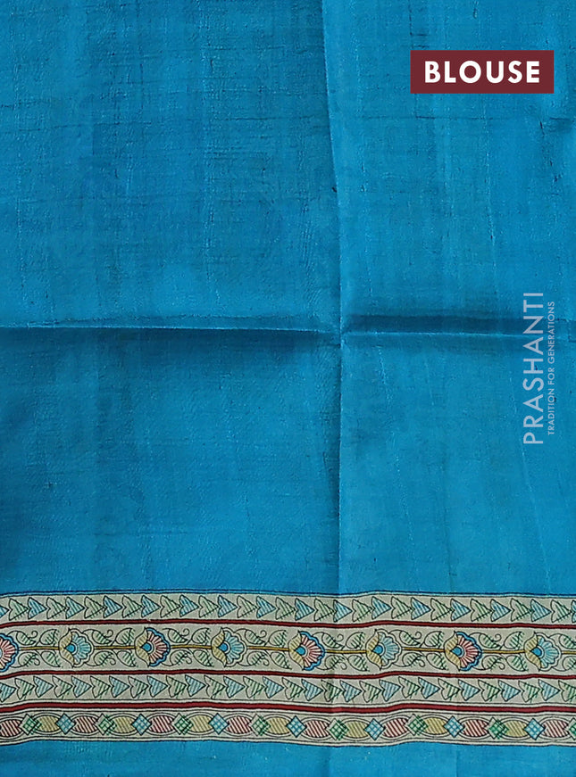 Tussar madhubani printed silk saree cs blue and cream with butta prints and printed border