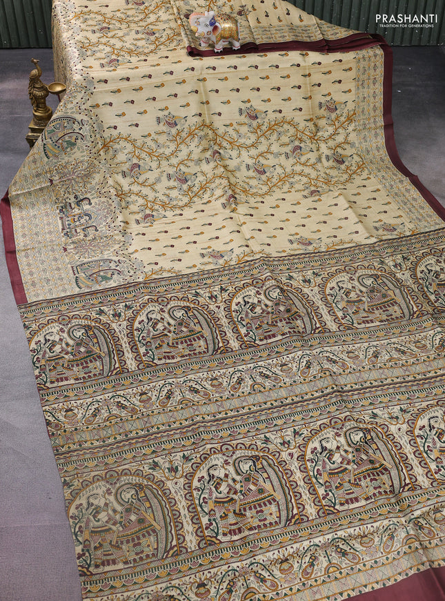 Tussar madhubani printed silk saree cream and deep maroon with allover prints and printed border
