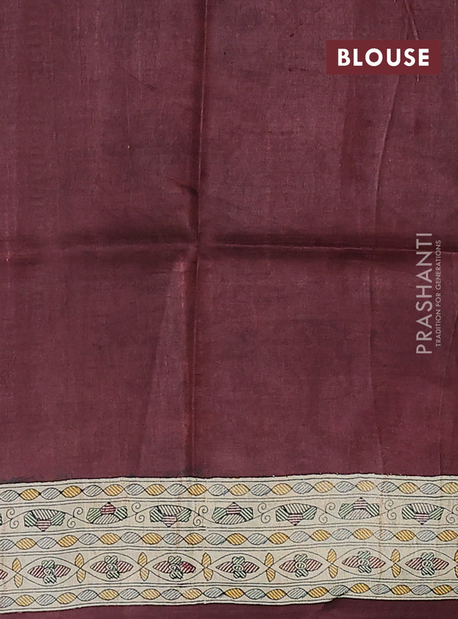 Tussar madhubani printed silk saree cream and deep maroon with allover prints and printed border