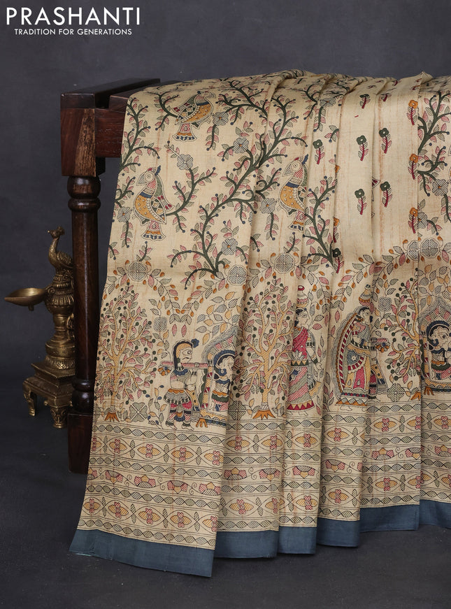 Tussar madhubani printed silk saree cream and grey with allover prints and printed border
