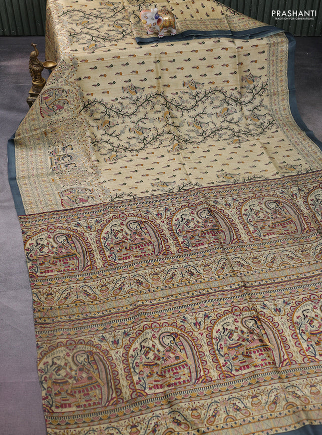 Tussar madhubani printed silk saree cream and grey with allover prints and printed border