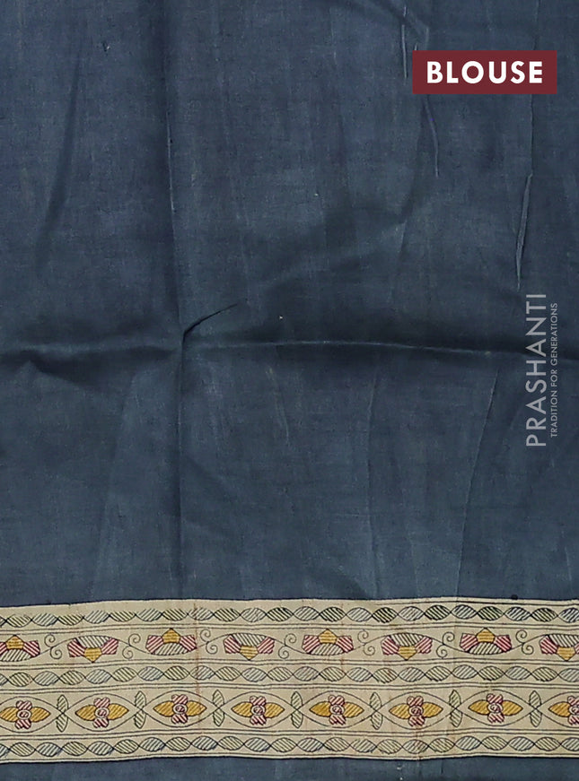 Tussar madhubani printed silk saree cream and grey with allover prints and printed border