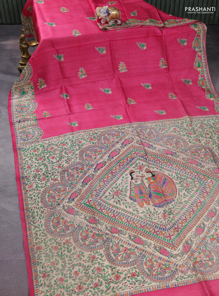 Madhubani printed silk saree pink and cream with butta prints and printed border