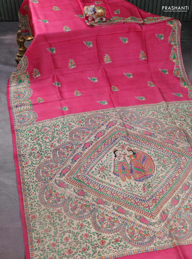 Tussar madhubani printed silk saree pink and cream with butta prints and printed border